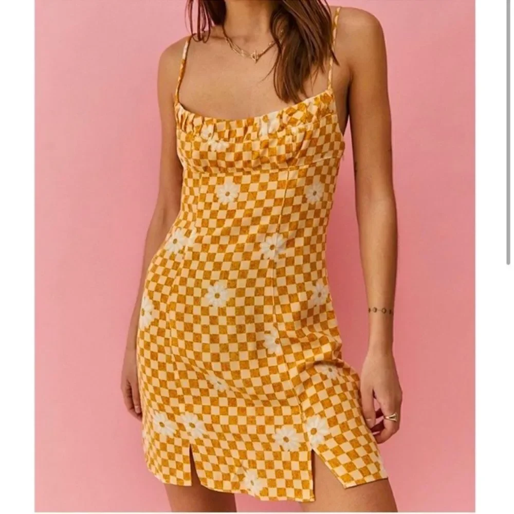 UO XS Lumi Daisy Gold Beige Check Print Spaghetti Strap Mini Bodycon Dress